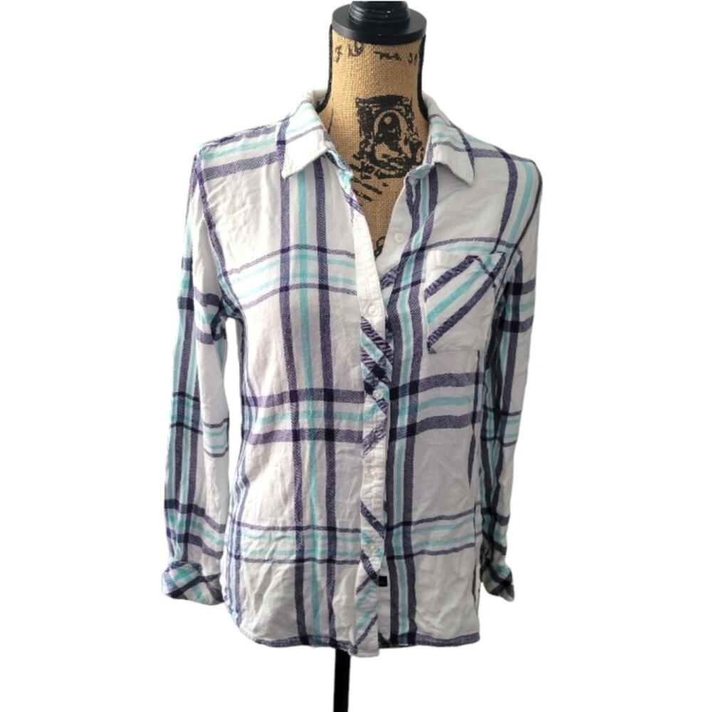 Small Rails soft white and blue plaid flannel button down shirt